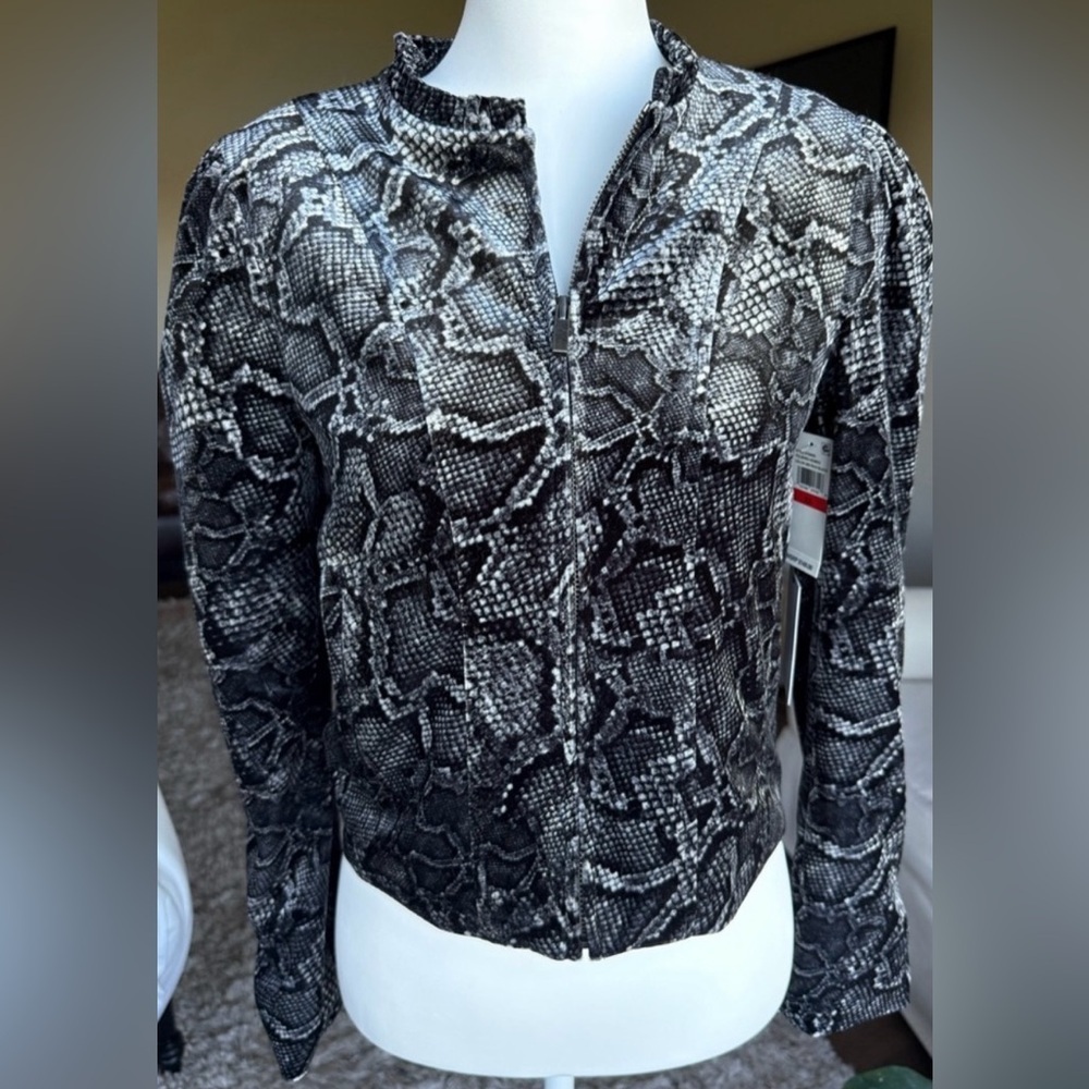 1. STATE XS Black and Gray Velour Snakeskin Print Bomber Jacket Puff Sleeve NWT